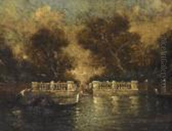 Venezianische Partie Mit Gondeln Oil Painting by Adolphe Joseph Th. Monticelli