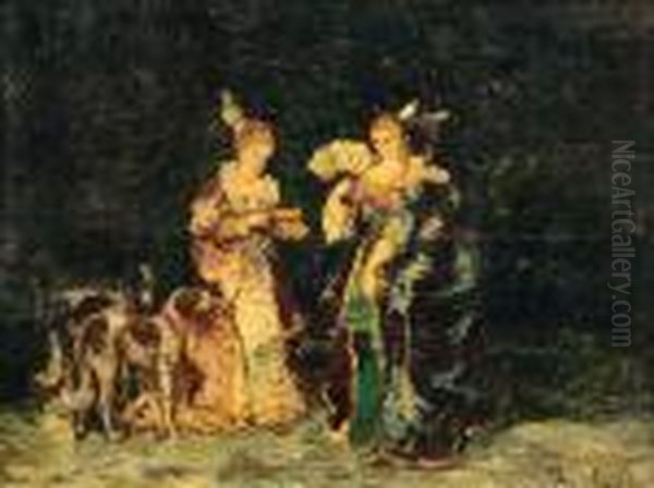 Trois Elegantes Aux Deux Chiens Oil Painting by Adolphe Joseph Th. Monticelli