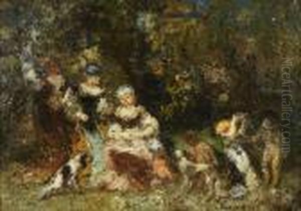 Femmes Et Enfants Dans Un Bois Oil Painting by Adolphe Joseph Th. Monticelli