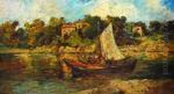 Figures In A Boat On A River With Cottages And Woodland Oil Painting by Adolphe Joseph Th. Monticelli