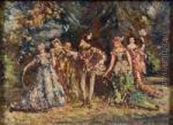 Mephisto Und Vier Elegante Damen Im Park Oil Painting by Adolphe Joseph Th. Monticelli