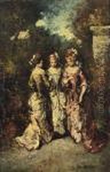 Les Trois Graces: Elegant Young Women In A Garden Oil Painting by Adolphe Joseph Th. Monticelli