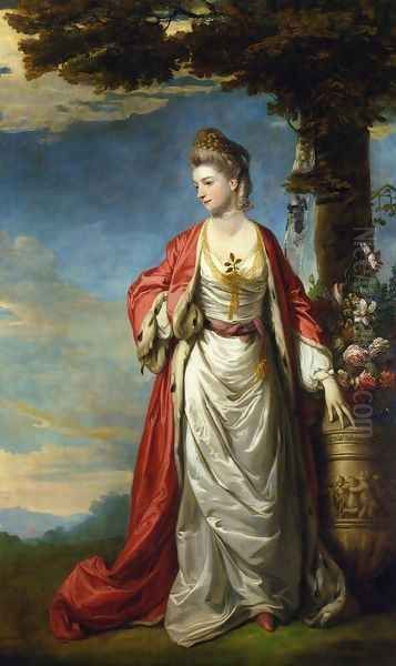 Mrs. Trecothick, Full Length, in 'Turkish' Masquerade Dress, Beside an Urn of Flowers, in a Landscape Oil Painting by Sir Joshua Reynolds