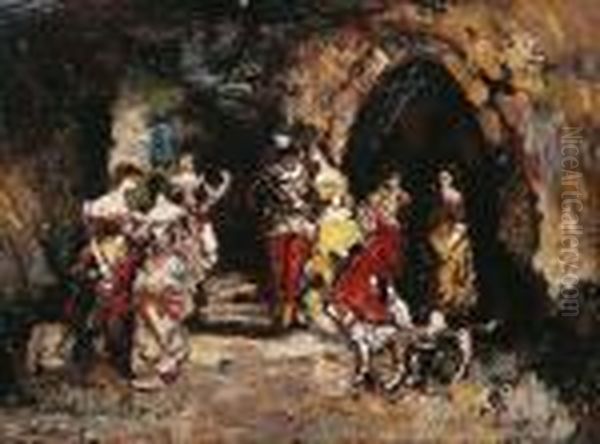 Scene Galante Pres Des Ruines Oil Painting by Adolphe Joseph Th. Monticelli