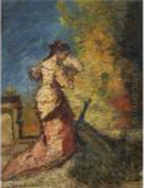 Femme Au Paon Oil Painting by Adolphe Joseph Th. Monticelli