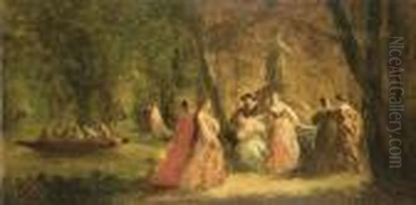 Femmes Au Parc Pres D'une Riviere Oil Painting by Adolphe Joseph Th. Monticelli