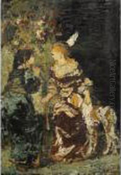 Deux Femmes Et Un Chien [ ; Two 
Women With A Dog ; Oil On Panel Unframed ; Signed Lower Right] Oil Painting by Adolphe Joseph Th. Monticelli