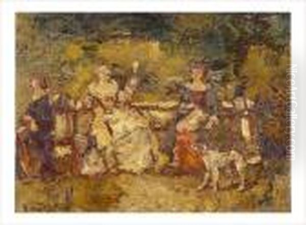 Trois Femmes Et Un Chien Dans Un Parc Oil Painting by Adolphe Joseph Th. Monticelli