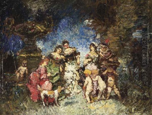 Femmes Et Enfants Au Parc Oil Painting by Adolphe Joseph Th. Monticelli