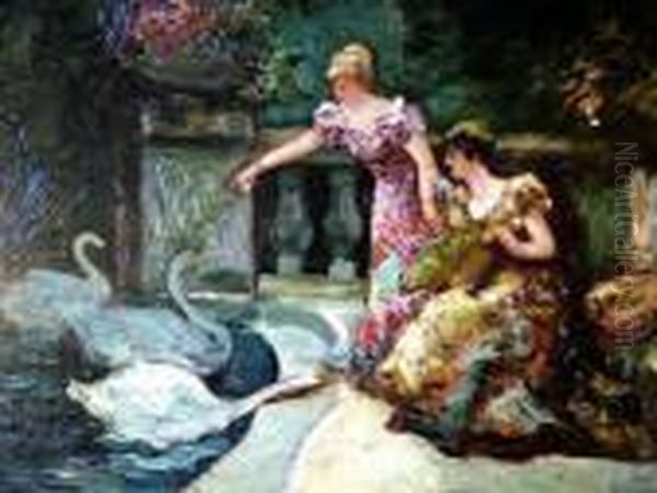 Feeding The Swans Oil Painting by Adolphe Joseph Th. Monticelli