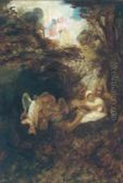 Rest On The Flight Into Egypt Oil Painting by Adolphe Joseph Th. Monticelli