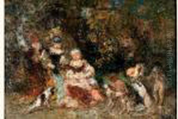 Femmes Et Enfants Dans Un Bois Oil Painting by Adolphe Joseph Th. Monticelli