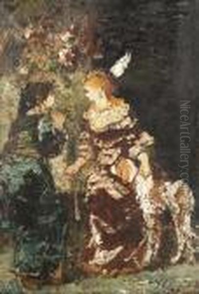 Deux Elegantes Avec Un Chien Oil Painting by Adolphe Joseph Th. Monticelli