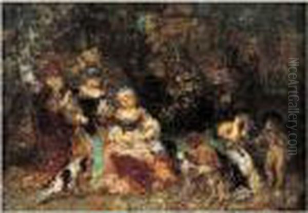 Femmes Et Enfants Dans Un Bois, Circa 1870-1872 Oil Painting by Adolphe Joseph Th. Monticelli