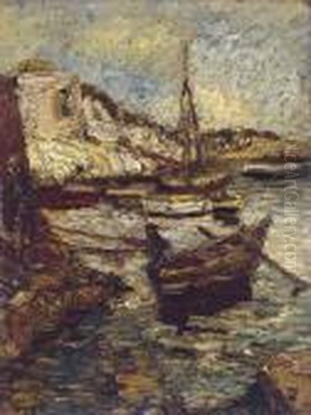 Boats In A Harbour Oil Painting by Adolphe Joseph Th. Monticelli