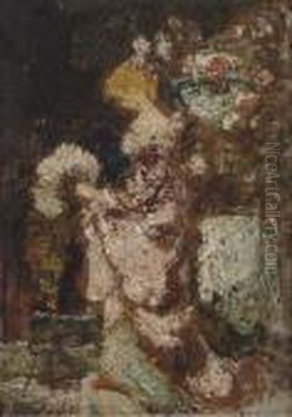 Jeune Femme A L'eventail Oil Painting by Adolphe Joseph Th. Monticelli