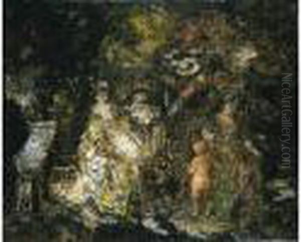 Scene De Parc Avec Trois Courtisanes, Un Musicien Et Un Putti
 Huile Sur Toile Oil Painting by Adolphe Joseph Th. Monticelli