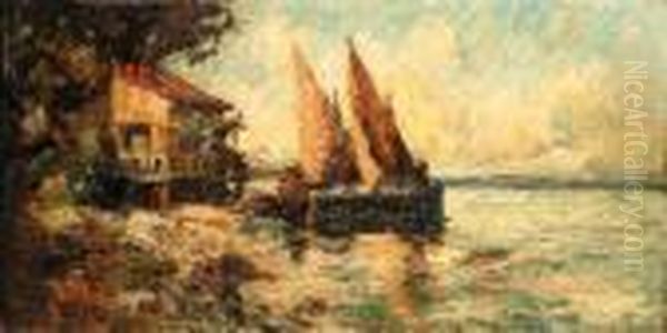 Barques Au Rivage Oil Painting by Adolphe Joseph Th. Monticelli