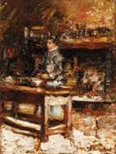 Madame Dufour In Her Kitchen Oil Painting by Adolphe Joseph Th. Monticelli