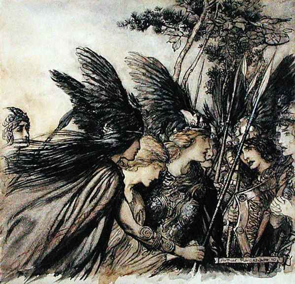 Brunnhilde Implores the Valkyries, illustration from The Rhinegold and the Valkyrie, by Richard Wagner, edition published 1910 Oil Painting by Arthur Rackham