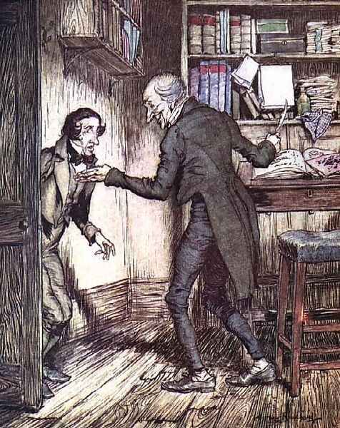 Scrooge and Bob Cratchit, from Dickens A Christmas Carol Oil Painting by Arthur Rackham