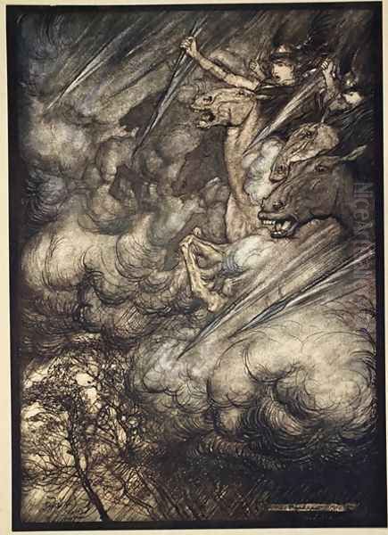 The ride of the Valkyries, illustration from The Rhinegold and the Valkyrie, 1910 Oil Painting by Arthur Rackham