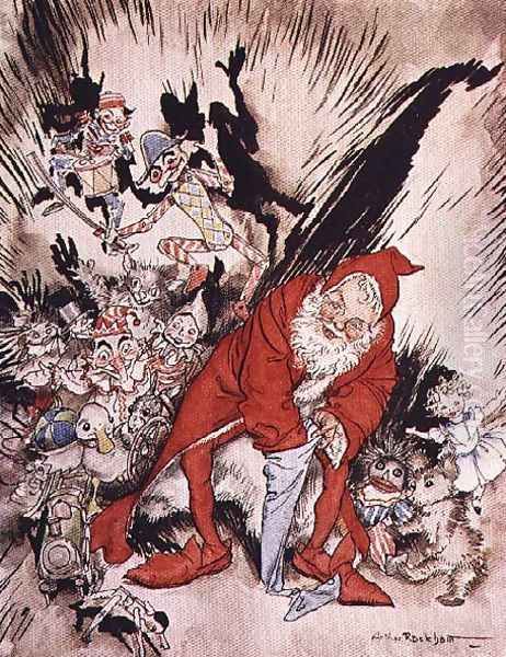 Christmas illustrations, from The Night Before Christmas by Clement C. Moore, 1931 99;Father Christmas filling the stockings; A Visit from St. Nicholas; poem Oil Painting by Arthur Rackham