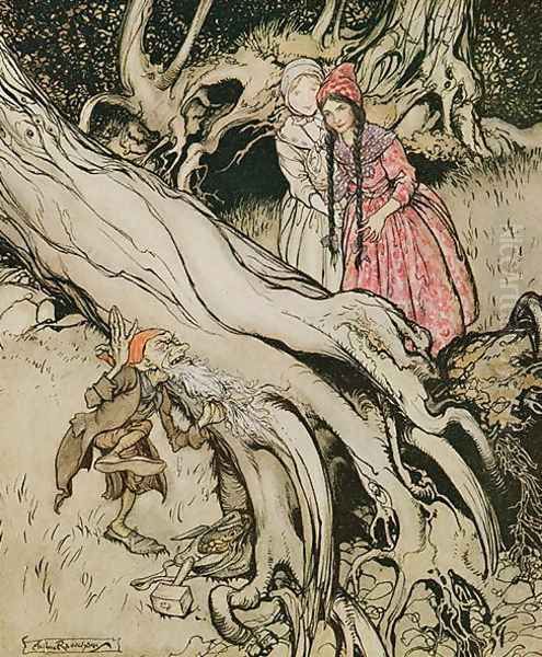 The end of his beard was caught in a tree, illustration from Snow White and Rose Red, from Fairy Tales of the Brothers Grimm, 1900 Oil Painting by Arthur Rackham