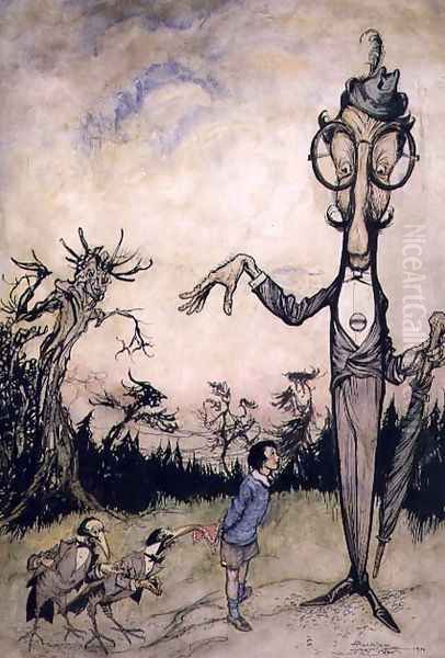 A Giant with a Child and Two Crows, illustration from The Book of Betty Barber by Maggie Brown, pub.1910 pen and ink, later coloured by Harry Rountree, 1878-1950 also an illustration for the Book of Nonsense by Edward Lear 1812-88 pub. 1980 Oil Painting by Arthur Rackham