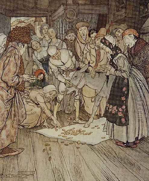 Gold pieces fell down on the cloth illustration to Washing Table, Golden Ass and Cudgel from Fairy Tales of the Brothers Grimm, 1900 Oil Painting by Arthur Rackham