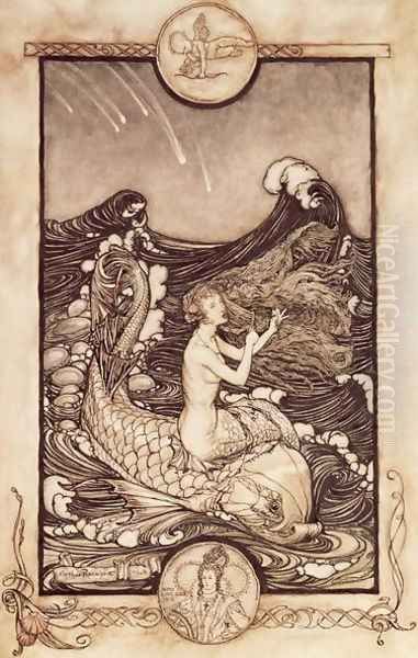 Mermaid and Dolphin from A Midsummer Nights Dream, 1908 Oil Painting by Arthur Rackham