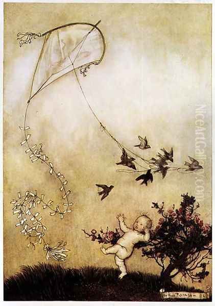 Kite Flying in Kensington Gardens from Peter Pan in Kensington Gardens by J.M. Barrie, 1906 Oil Painting by Arthur Rackham