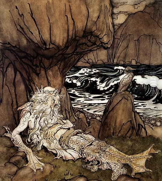 A Crowned Merman Oil Painting by Arthur Rackham