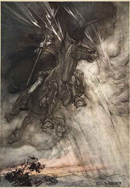 Raging, Wotan Rides to the Rock Like a Storm-wind he comes, frontispiece to The Rhinegold and the Valkyrie, 1910 Oil Painting by Arthur Rackham