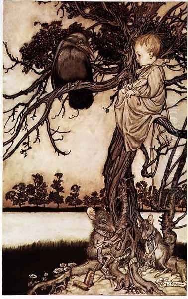 Talking to the Crow from Peter Pan in Kensington Gardens by J.M. Barrie, 1906 Oil Painting by Arthur Rackham