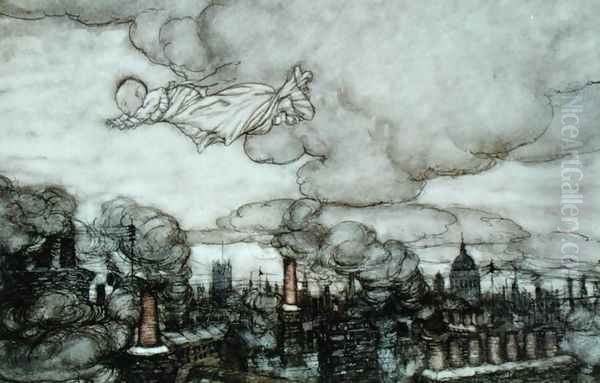 Peter Pan flying over London, illustration from Peter Pan by J.M. Barrie 1860-1937 Oil Painting by Arthur Rackham