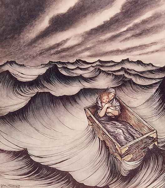 Danae and her son Perseus put in a chest and cast into the sea, 1914 Oil Painting by Arthur Rackham