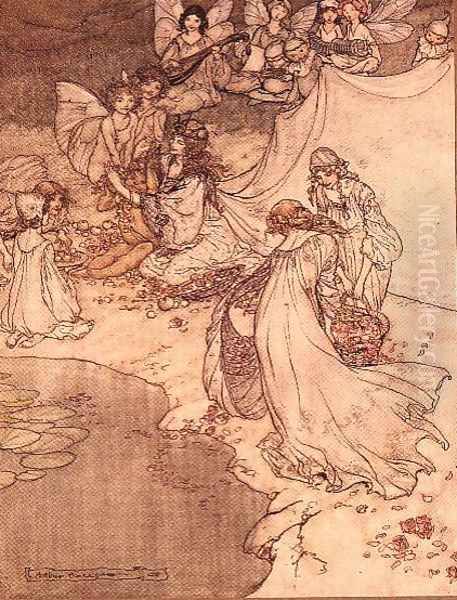 Illustration for a Fairy Tale, Fairy Queen Covering a Child with Blossom Oil Painting by Arthur Rackham