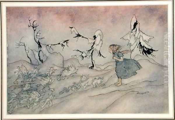 Gerda is terrified by the Snow Queens advance guard, but she said Our Father, illustration from The Snow Queen by Hans Christian Andersen, published 1932 Oil Painting by Arthur Rackham