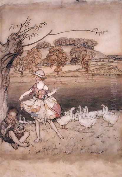 Tattercoats dancing while the gooseherd pipes, illustration from English Fairy Tales, retold by F.A. Steel, published 1918 Oil Painting by Arthur Rackham