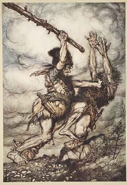 Fafner kills Fasolt, illustration from The Rhinegold and the Valkyrie, 1910 Oil Painting by Arthur Rackham