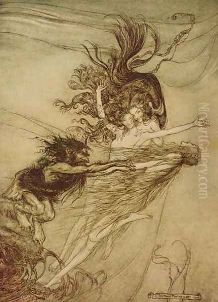 The Rhinemaidens teasing Alberich from The Rhinegold and The Valkyrie by Richard Wagner, 1910 Oil Painting by Arthur Rackham