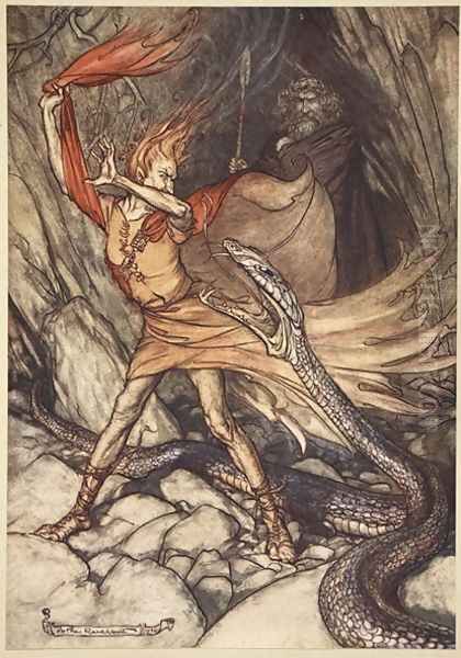 Ohe Ohe Horrible dragon, O swallow me not Spare the life of poor Loge, illustration from The Rhinegold and the Valkyrie, 1910 Oil Painting by Arthur Rackham