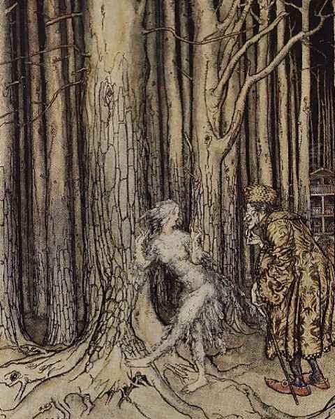 At last she met the bridegroom who was slowly coming back, illustration for Fitchers Bird, from Little Brother, Little Sister, by the Brothers Grimm, 1917 Oil Painting by Arthur Rackham