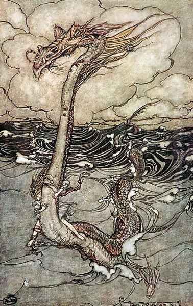 A Young Girl Riding a Sea Serpent, 1904 Oil Painting by Arthur Rackham