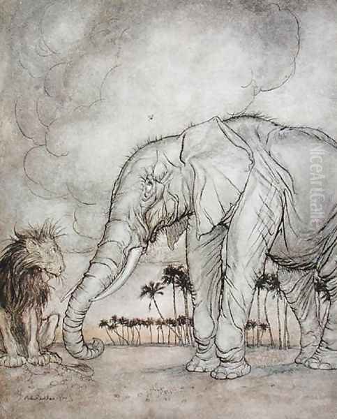 The Lion, Jupiter and the Elephant, illustration from Aesops Fables, published by Heinemann, 1912 Oil Painting by Arthur Rackham