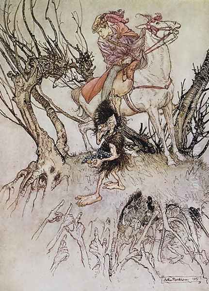 The Knight Hulbrand with a gnome, illustration for the tale Undine by baron de la Motte Fouque, 1909 Oil Painting by Arthur Rackham