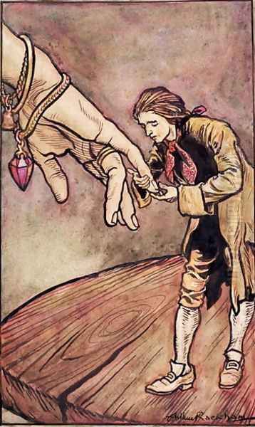 Original watercolour illustration for Gullivers Travels by Swift, Gulliver in Brobdingnag, 1909 Oil Painting by Arthur Rackham