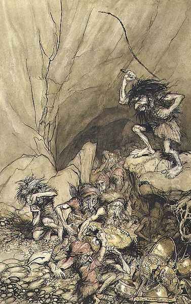 Alberich drives in a band of Nibelungs laden with gold and silver treasure, an illustration from The Rheingold and the Valkyrie by Richard Wagner 1813-83 pub. 1910 Oil Painting by Arthur Rackham