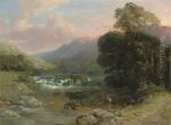 Fishing On The Wye, Monsaldale Oil Painting by Henry Moore